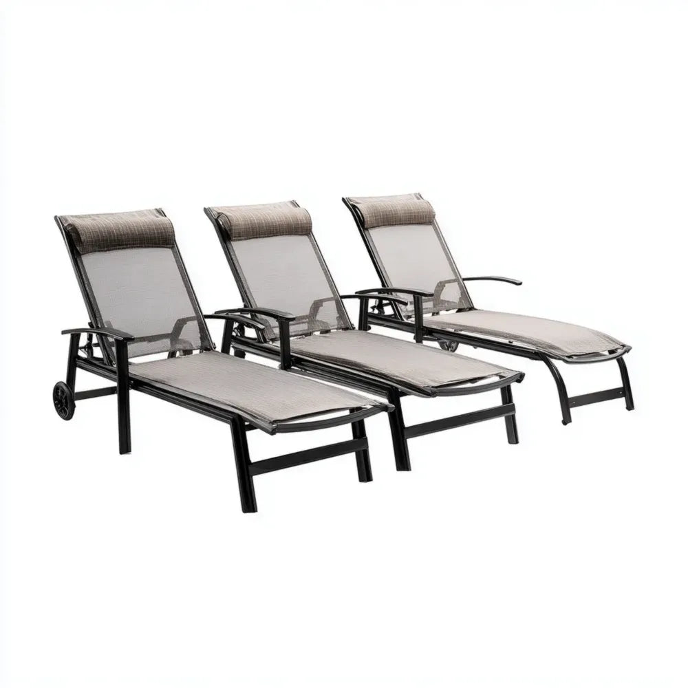 Patio Reclining Chair Set 190x60x35 cm - Mesh Fabric Adjustable - Grey/Black - Outdoor Comfort
