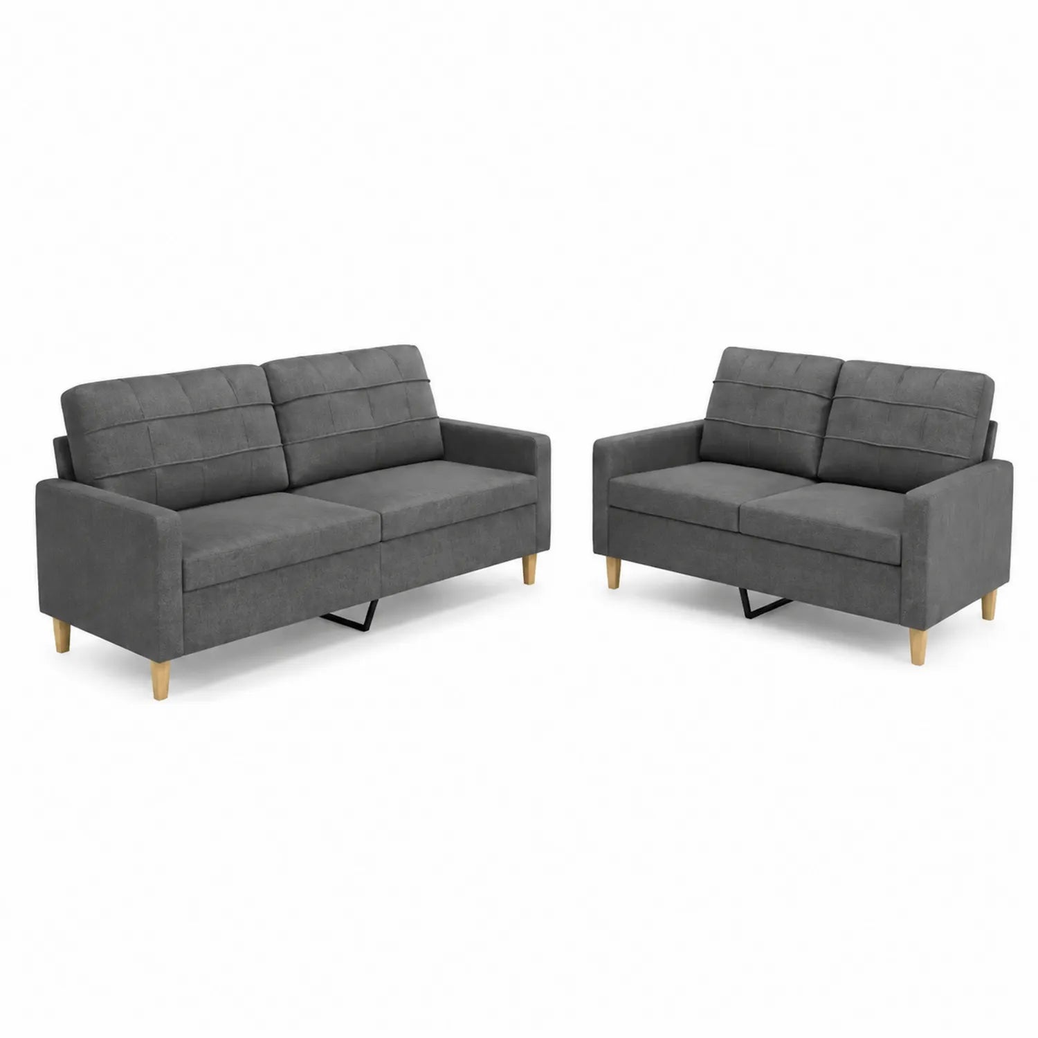 Set Divano 3 Posti e 2 Posti in Tessuto Grigio con Gambe in Legno