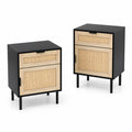 Set di 2 Comodini in Metallo, Legno e Rattan Nero/Naturale 40x30x60 cm
