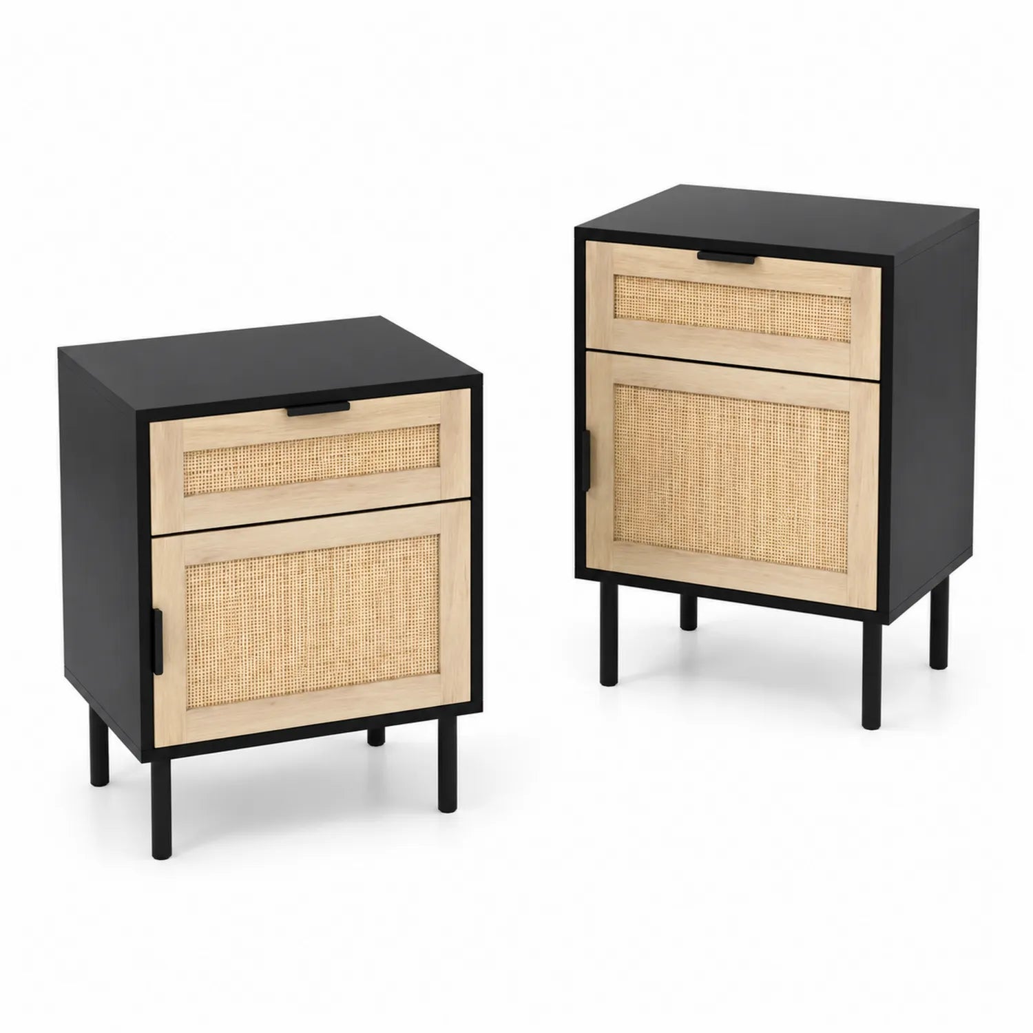 Set di 2 Comodini in Metallo, Legno e Rattan Nero/Naturale 40x30x60 cm