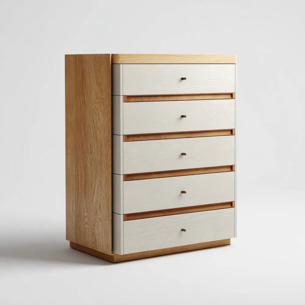 Chest of Drawers Oak Frame 80x40x100 cm 5-Drawer Unit - Beige - Contemporary Style