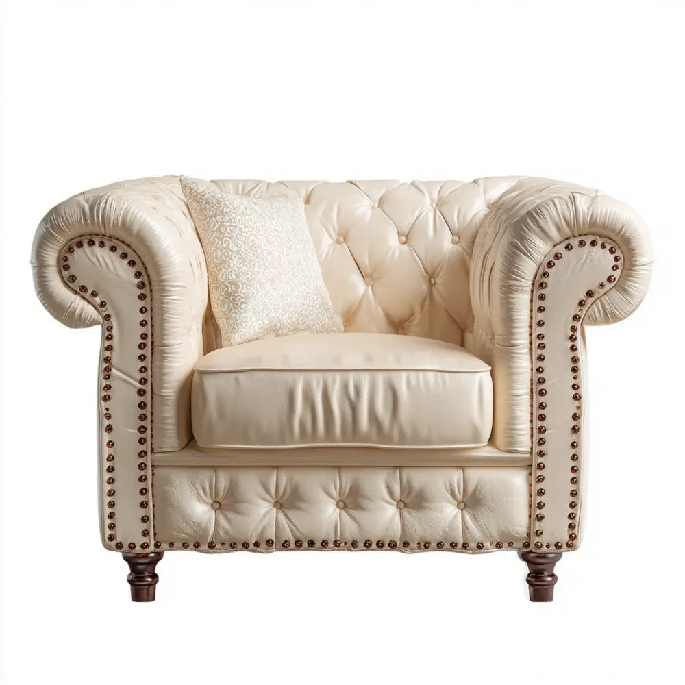 Chesterfield Armchair Leather Upholstery – Cream – 110x90x85 cm Classic Design