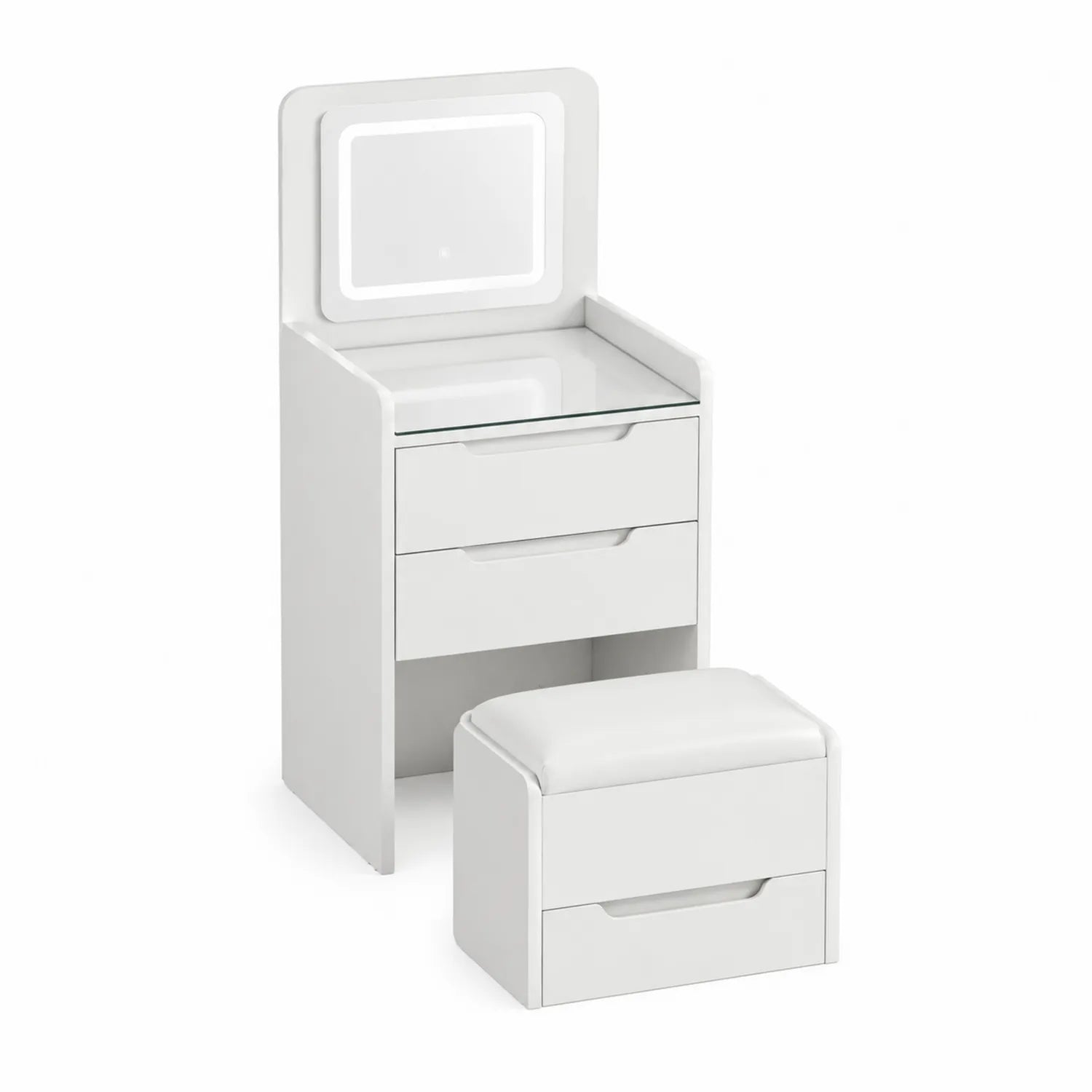 Toeletta con Specchio LED e Sgabello in MDF e Vetro Bianco