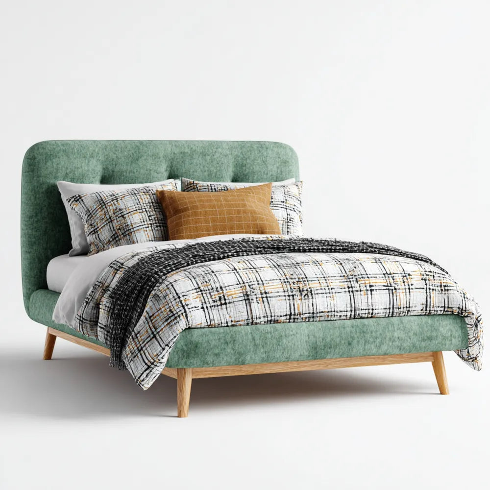 Double Bed Upholstered Fabric 200x140x90 cm – Green – Contemporary Design