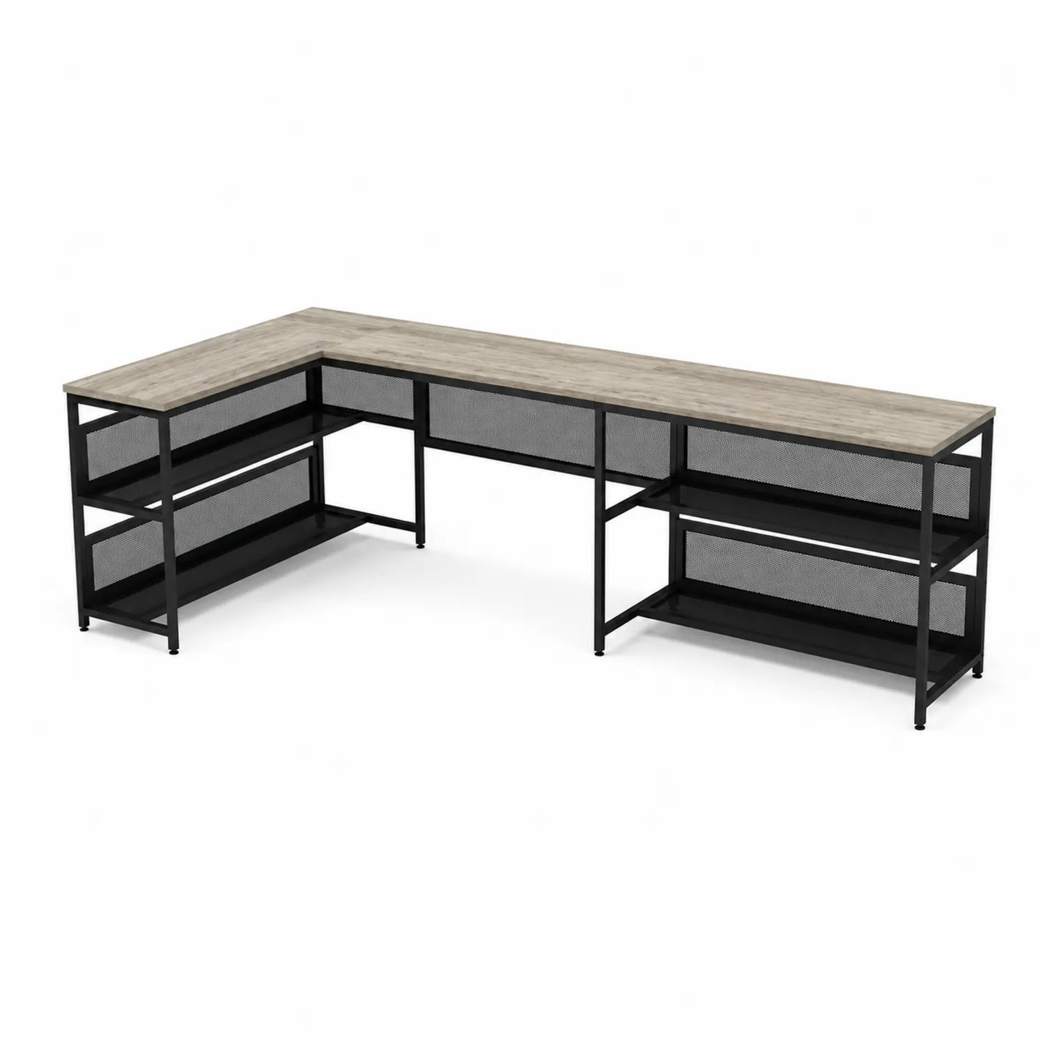 Scrivania angolare con ripiani in metallo e piano in legno di rovere 150x150 cm