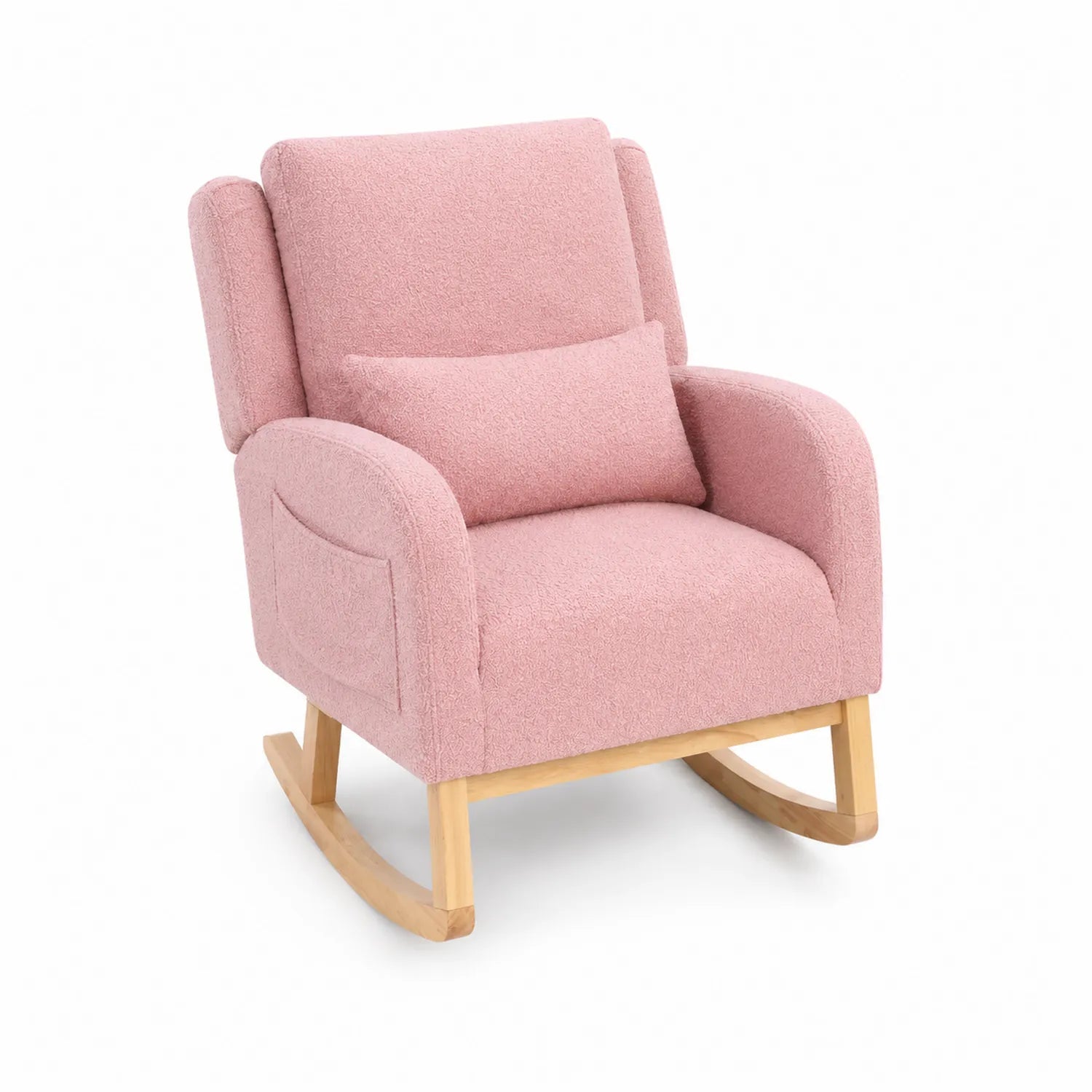 Sedia a dondolo in legno e tessuto Bouclé rosa