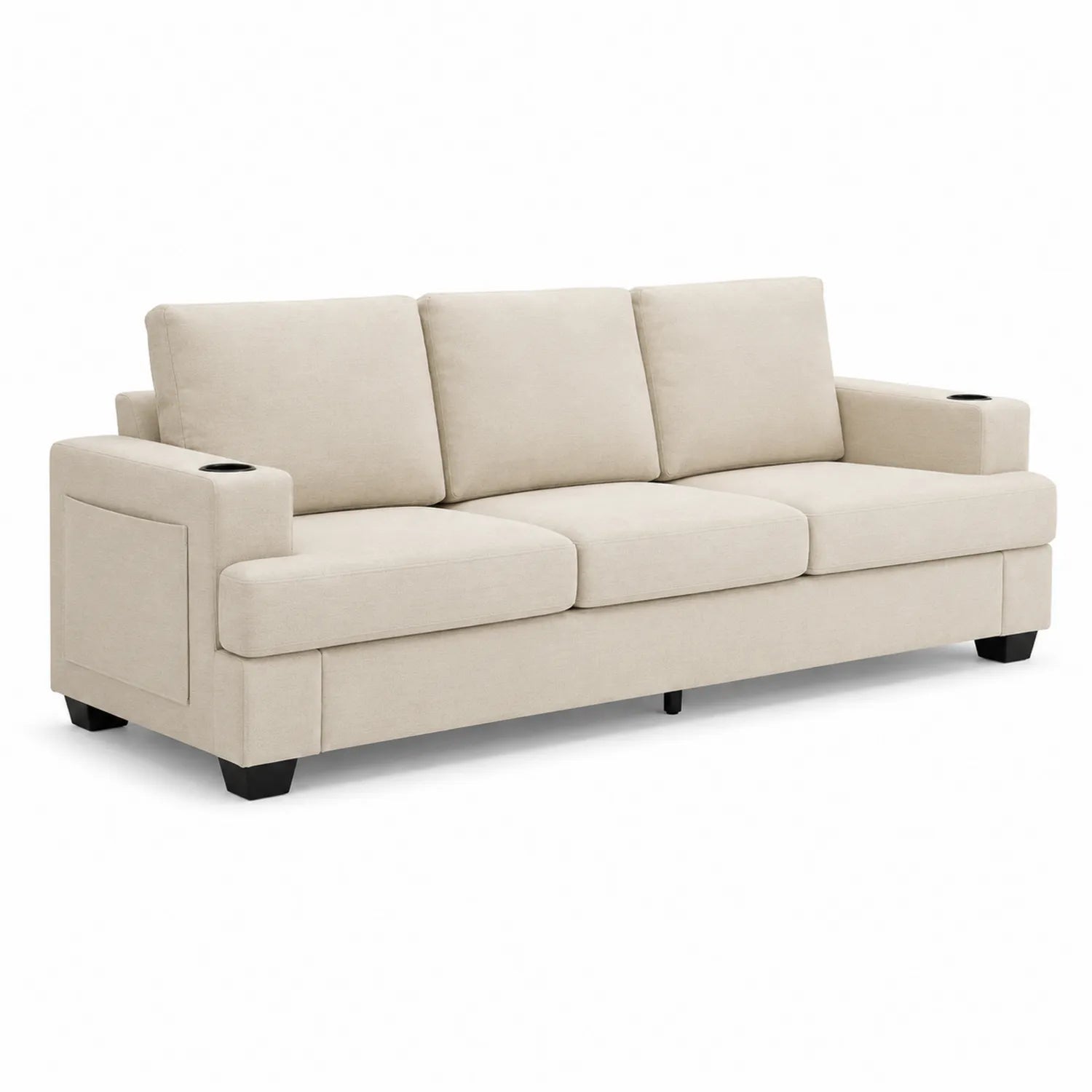 Divano 3 Posti in Tessuto Beige con Portabicchieri