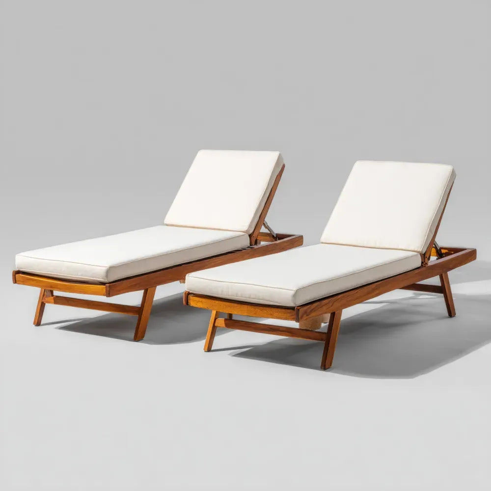 Patio Recliner Set 195cm x 65cm x 35cm - Wood Frame White Cushions - Adjustable Backrest