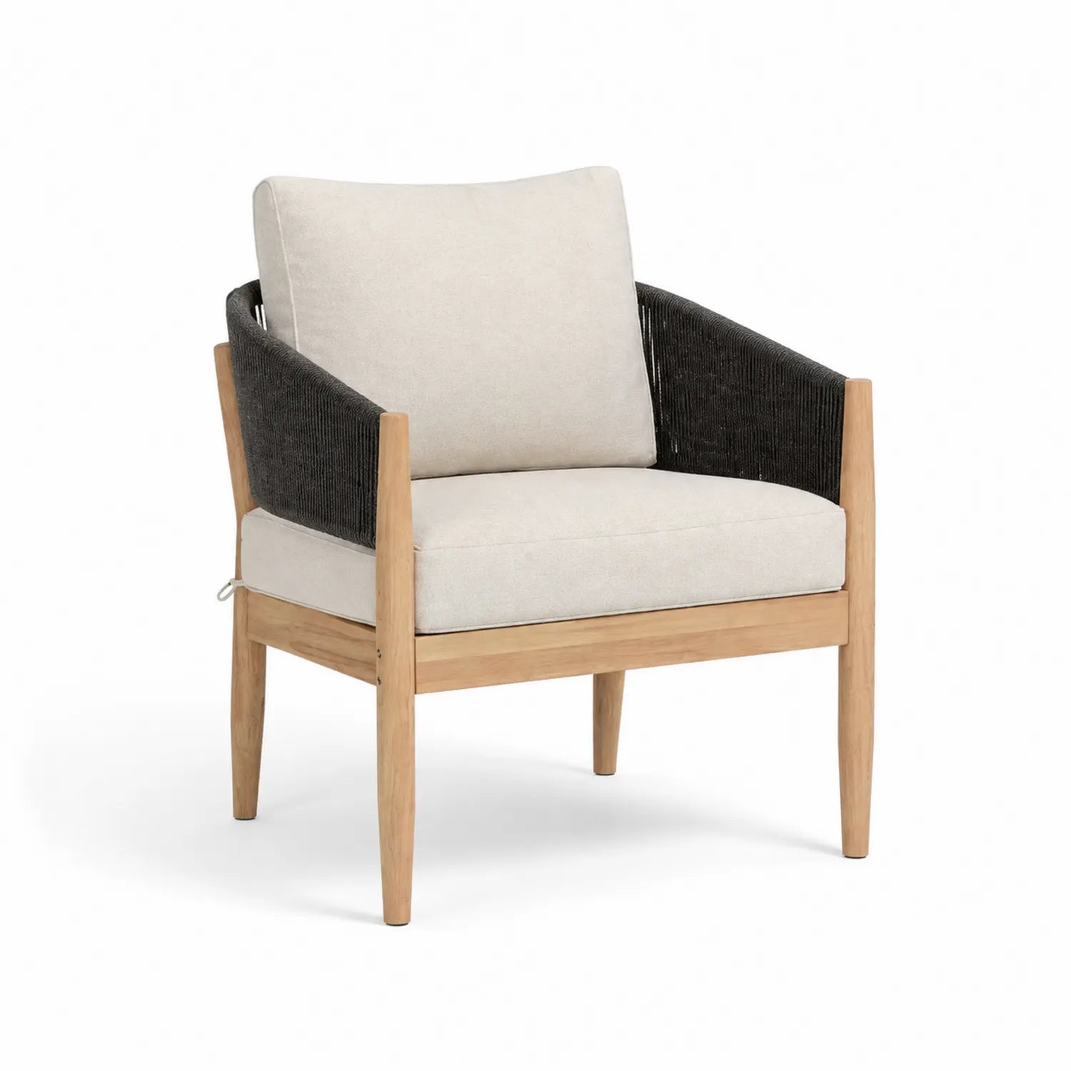 Sedia da Esterno in Legno con Cuscini Beige e Braccioli in Corda