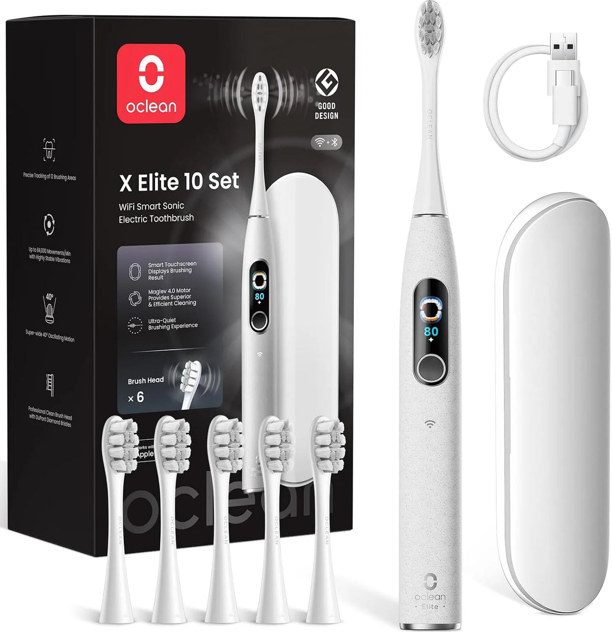 IPX7 Spazzolino elettrico Oclean X Elite 10 Set, Spazzolatura personalizzata AI, Touchscreen con tracciamento a 12 aree, 40° Oscillazione, 5 Modalità