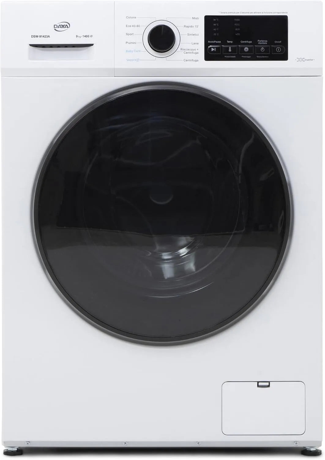 Lavatrice, 9 kg, classe energetica E, Daya DSW-91423A, Inverter, vapore, Centrifuga 1400 giri/minuto, Motore BLDC Inverter, Programma Vapore