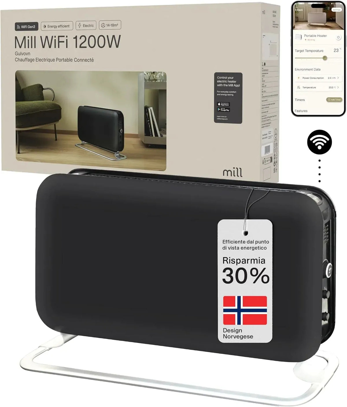 Silenzioso, Mill Termoconvettore Elettrico Smart Portatile 1200W con Wi-Fi e App, Temperatura Superficiale Ridotta, a Basso Consumo per 14–18 m², Nero