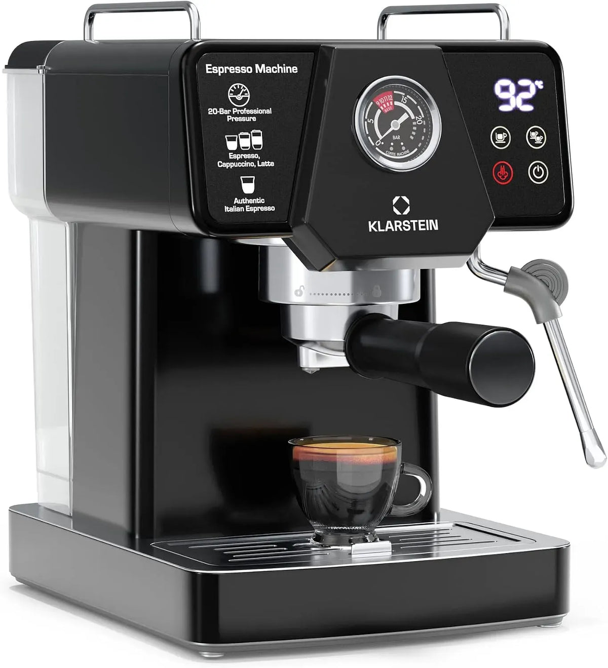 Klarstein Macchina per Caff, macchina da caffè elettrica, 1,8 L, 1350 W, 19 Bar, touch, ampio serbatoio, vapore, acciaio inox, per Caffè Espresso
