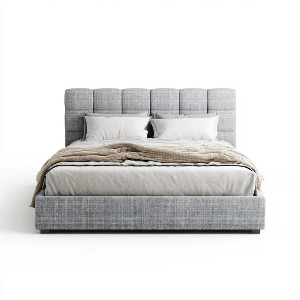 Double Bed - Upholstered Fabric 160x200x110 cm - Light Gray - Modern Style