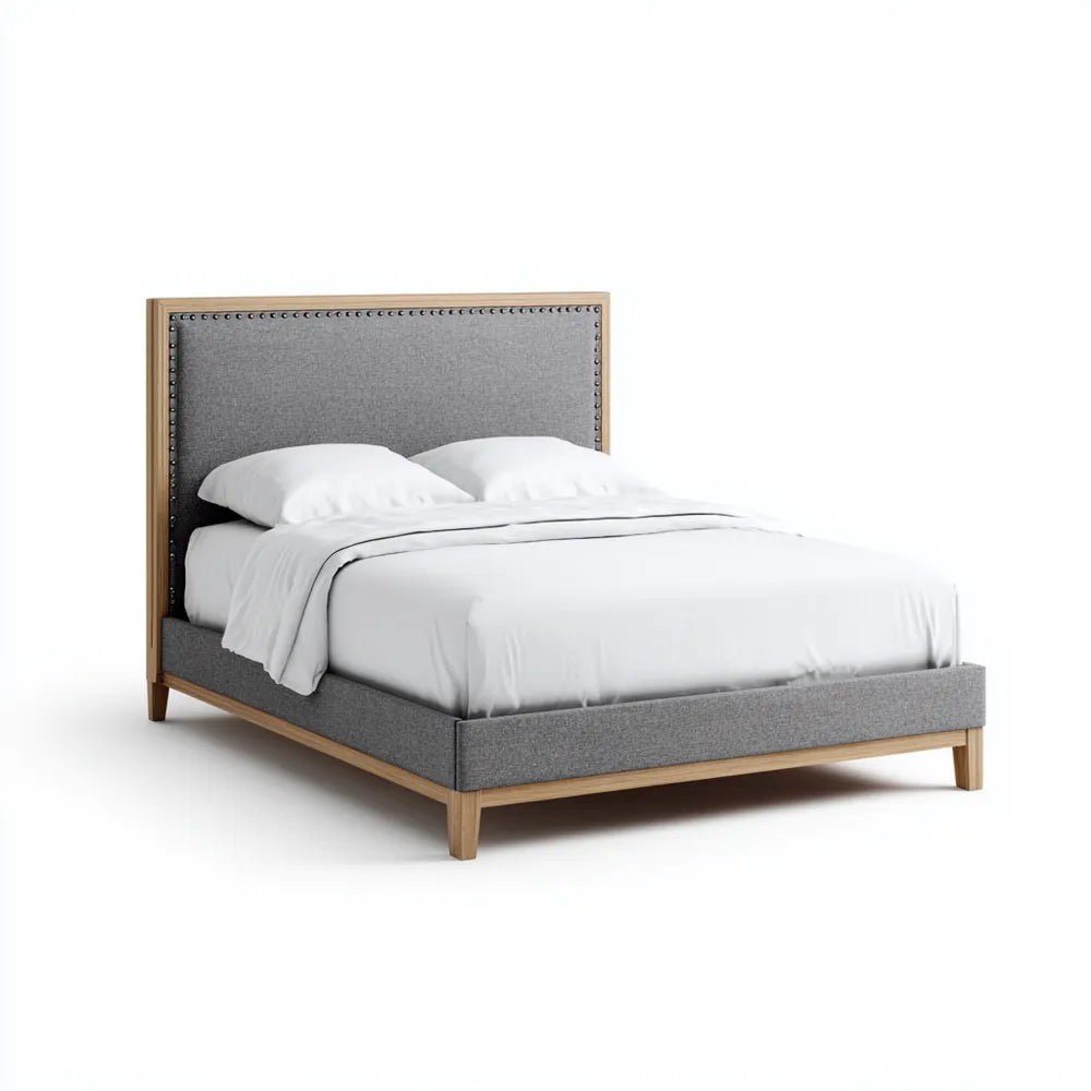 Double Bed - Upholstered Frame 210x160x120 cm - Grey - Modern Design