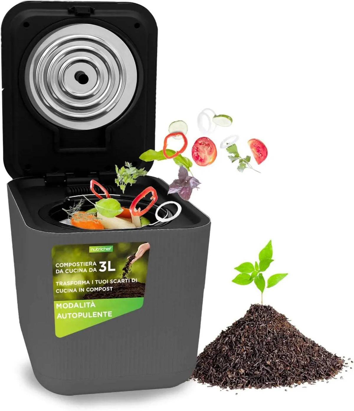 Frantumazione e Raffreddamento, Pattumiera Umido con Asciugatura, per NutriChef Compostiera da Cucina, Compostiera Elettrica 3 Litri, Grigia, Bidone
