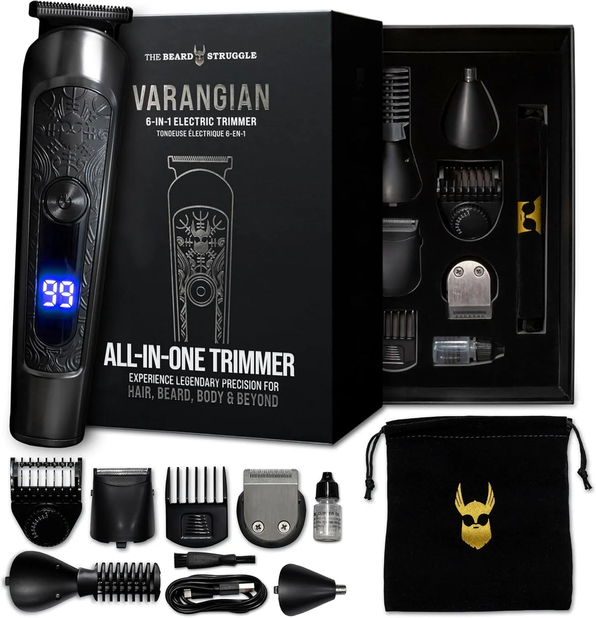 corpo e oltre, barba, The Beard Struggle Varangian Beard Trimmer® 6 in 1 per capelli, lama regolabile in 17 lunghezze con display digitale a LED, lama