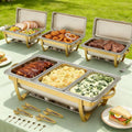 9QT 4 Pezzi Oro Inox Buffet Set, Food Warmer Catering Server per Feste, per Scaldavivande Professionale con Coperchio, 7 Pentole e Utensili, Matrimoni