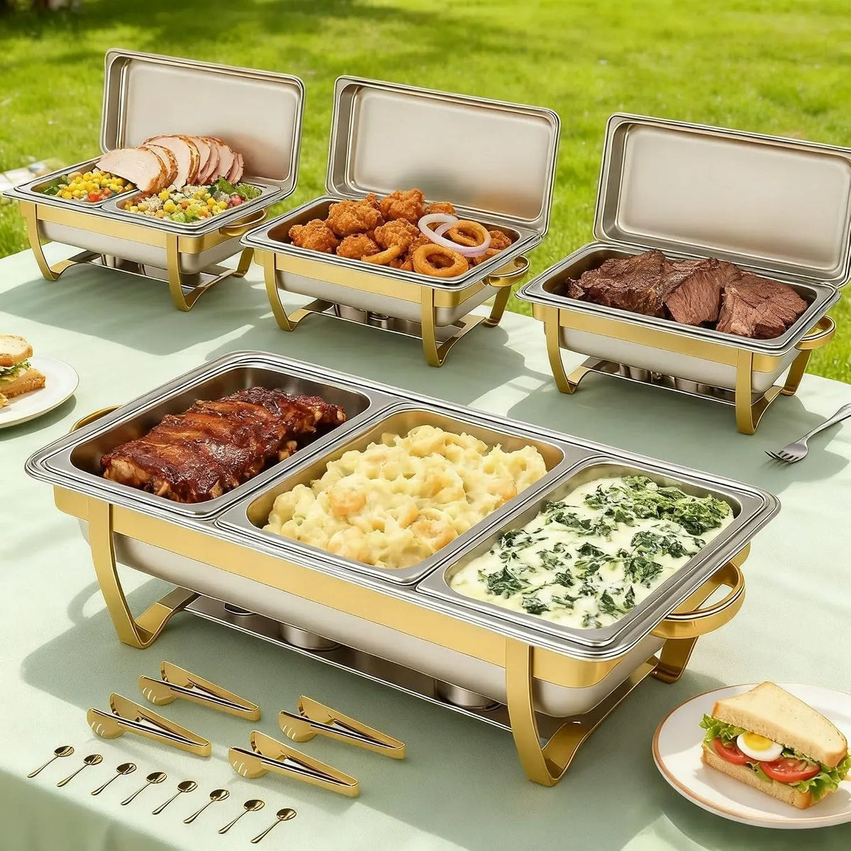 9QT 4 Pezzi Oro Inox Buffet Set, Food Warmer Catering Server per Feste, per Scaldavivande Professionale con Coperchio, 7 Pentole e Utensili, Matrimoni