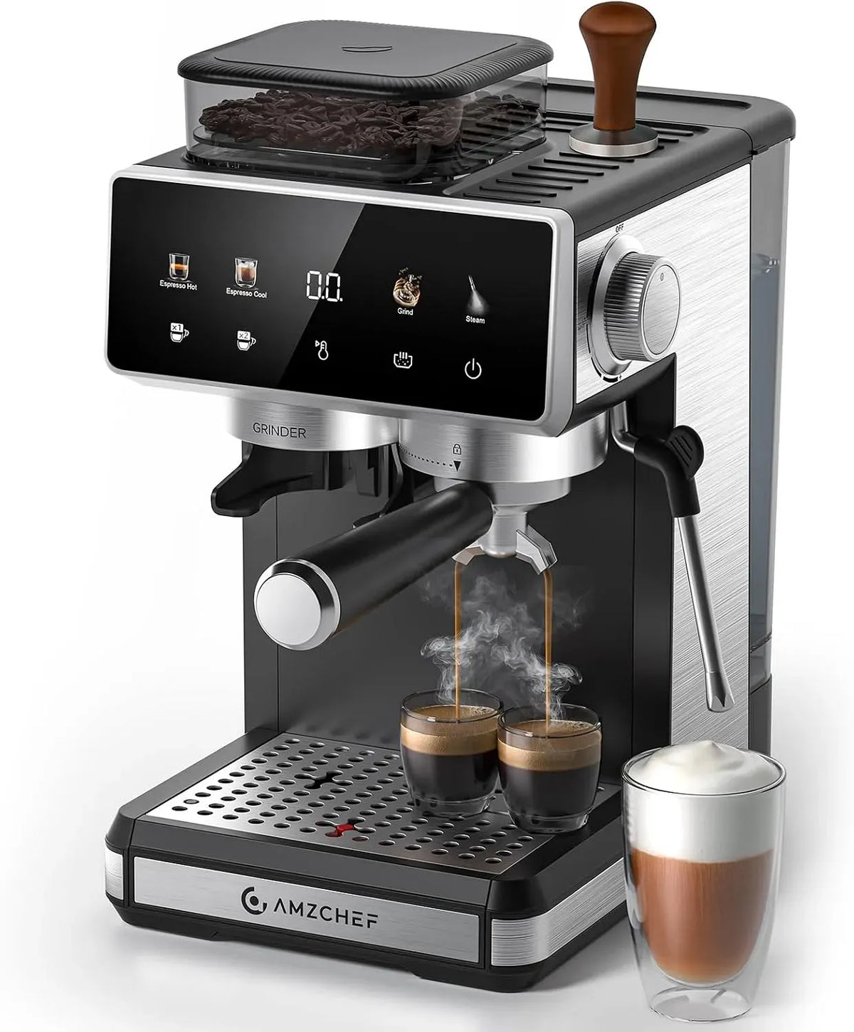 Montalatte, cappuccinatore, AMZCHEF, touch, 3 livelli, 2 zone di temperatura, 20 impostazioni di macinatura, display touch