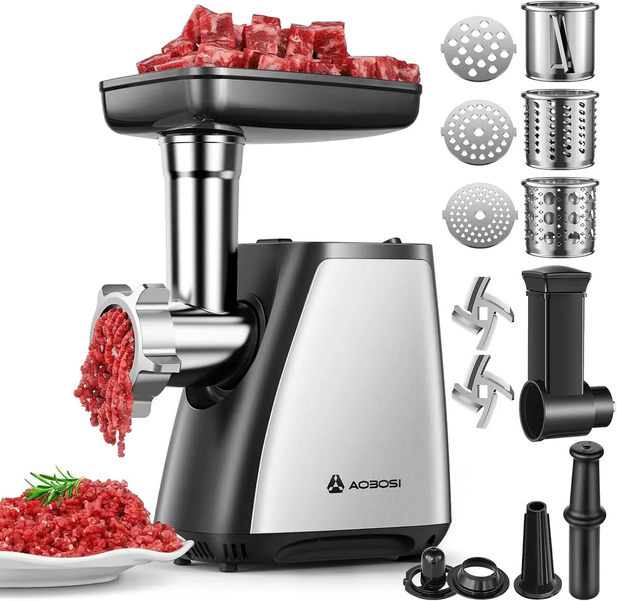 4-IN-1 Tritacarne Elettrico, Tritacarne AAOBOSI, per Uso Domestico in Cucina, 2800W Max, con 3 Affettatrici, 2 Lame, Lame per Tritare, Insaccatrice