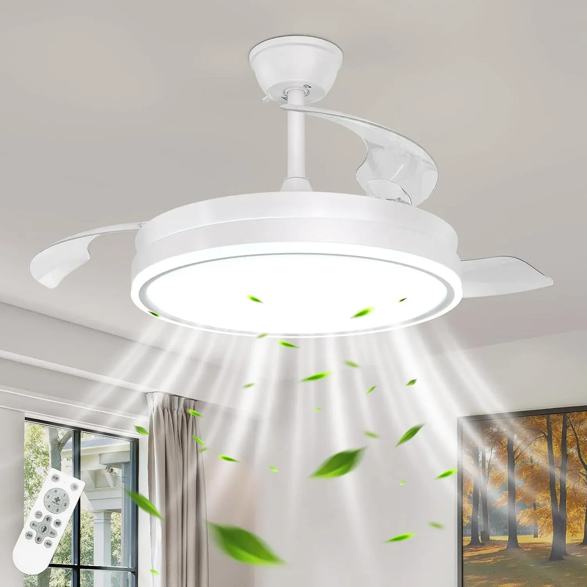 Ventilatore, 106CM, timer, decorazione del soggiorno, bianco, Motore DC Silenzioso per Camera da Letto, 3 Pale Retrattili, 3 Temperature di Colore