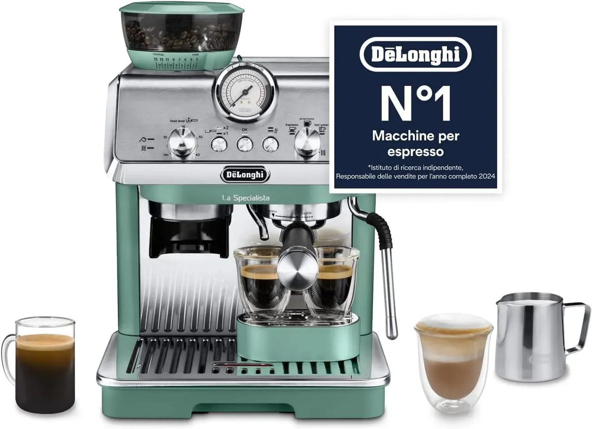 De'Longhi EC9155.GR Montalatte, 1550 W, cappuccinatore, verde, Macchina Caffè Barista a Pompa per Espresso, 8 Impostazioni Macinatura