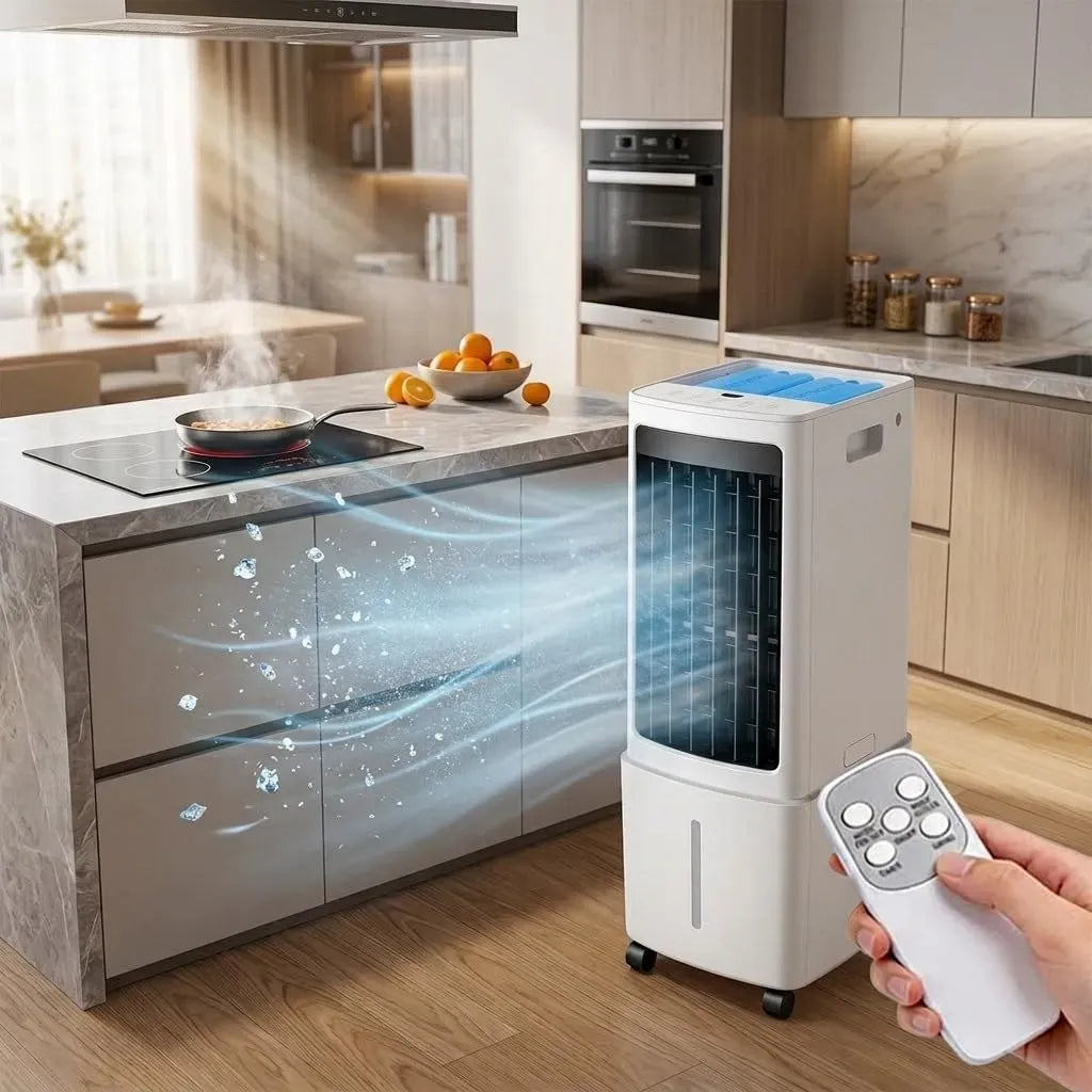 Condizionatore, portatile, 3 velocità, ampio serbatoio, 3 velocità e modalità di ventilazione regolabili, 2 impacchi di ghiaccio
