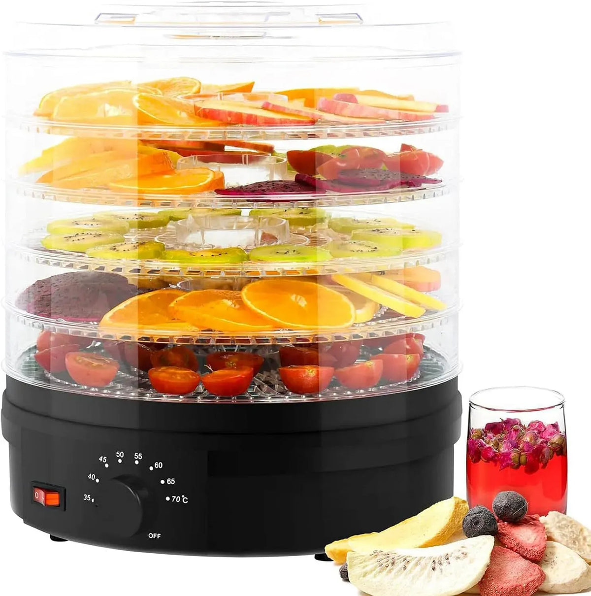Asciugatrice, 350 W, 35 a 75 °C, Disidratatore, nero, Regolazione della Temperatura da 35°C a 75°C