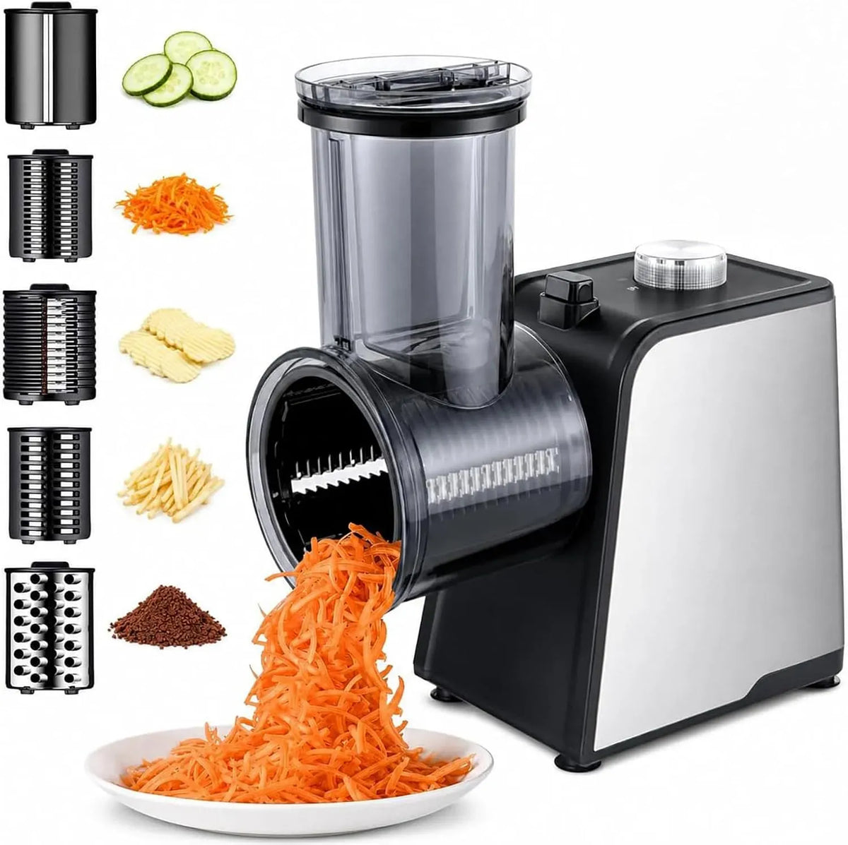 Grattugia elettrica per formaggio e verdure, controllo one-touch per formaggio, per ideale per la cucina di casa, 5 lame sostituibili in acciaio inox