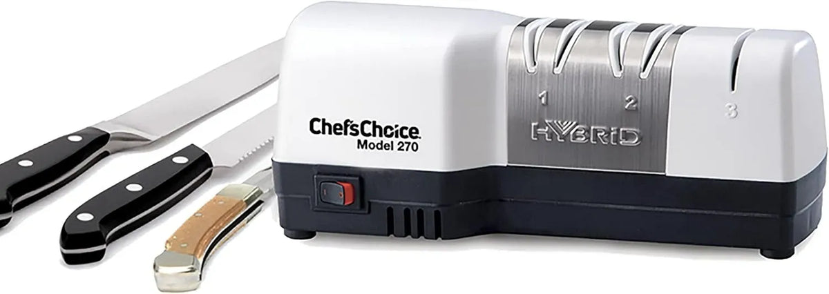 bianco, 3 stadi, Chef's Choice Hybrid Diamond Hone Knife combina l'affilatura elettrica e manuale per coltelli dritti e seghettati a 20 gradi
