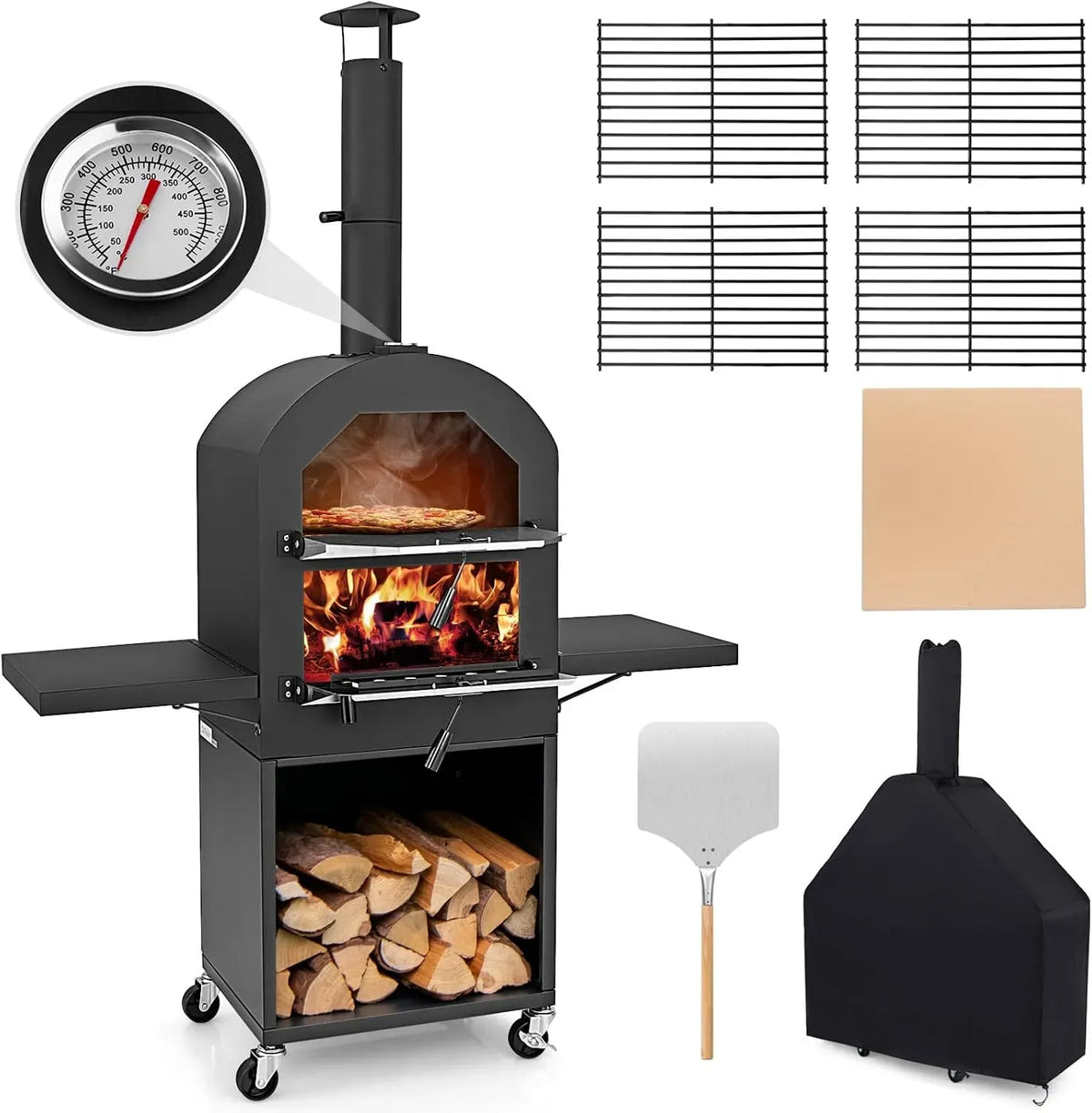 Forno elettrico per pizza, COSTWAY, esterno, ruote di trasporto, Pala per Pizza, per BBQ